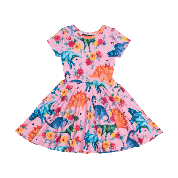 Rock Your Kid Pink Dino Floral Waisted Dress