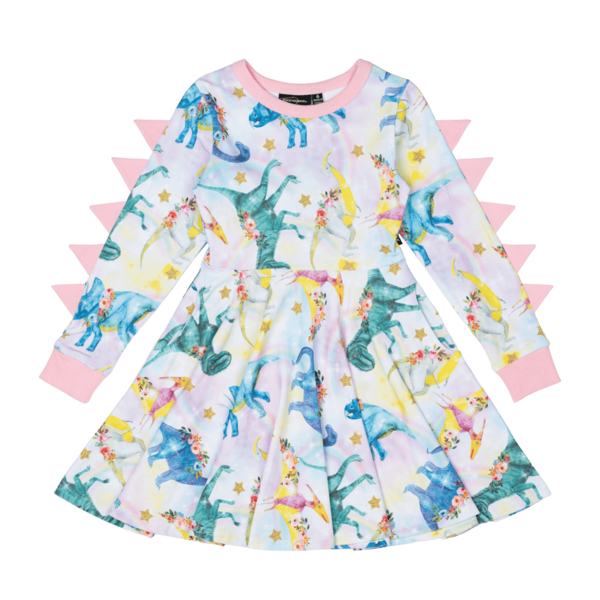 Rock Your Kid Dinosaur Parade LS Waisted Dress