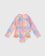 Goldie + Ace Rainbow Gingham LS Frill Swimsuit-swimwear-Bambini