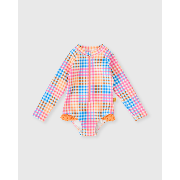 Goldie + Ace Rainbow Gingham LS Frill Swimsuit