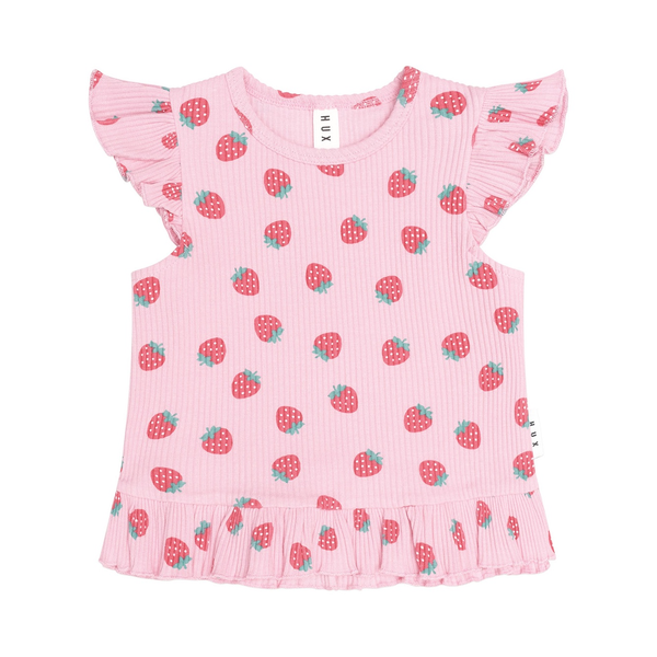 Huxbaby Strawberry Print Rib Peplum Tee